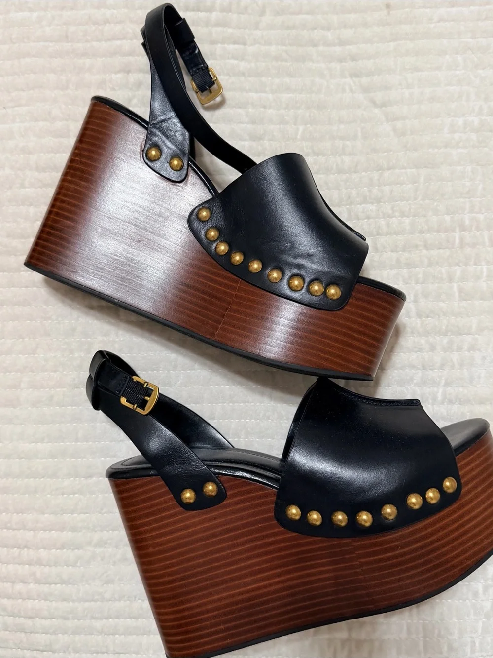 Zara Black Leather Platform Wedge Sandals with Brown Wood-Effect Sole